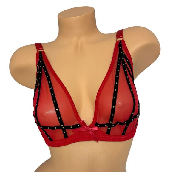 NWT! Frederick's of Hollywood Rozlyn Sheer Red Mesh and Stud Bra 34DD - Picture 2 of 5